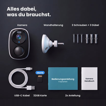 Lieferumfang GuardCam Pro: Kamera, Wandhalterung, 3 Schrauben und 3 Dübel, USB-C Kabel, gratis 32GB Speicherkarte und zwei Anleitungen